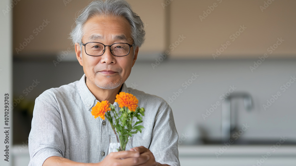 Elderly man with gray hair, wearing glasses, smiling, holding vibrant marigold flowers in kitchen, cheerful home environment, senior lifestyle concept Elderly man with gray hair, wearing glasses, smiling, holding vibrant marigold flowers in kitchen, cheerful home environment, senior lifestyle concept