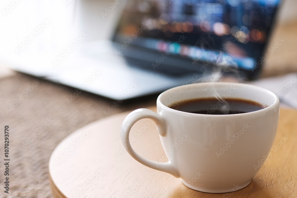 A white ceramic mug filled with steaming hot coffee on a wooden table, with a laptop computer in the background A white ceramic mug filled with steaming hot coffee on a wooden table, with a laptop computer in the background