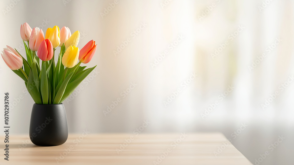 Vibrant tulips in elegant vase brightening up serene interior with soft natural light colorful floral arrangement concept Vibrant tulips in elegant vase brightening up serene interior with soft natural light colorful floral arrangement concept