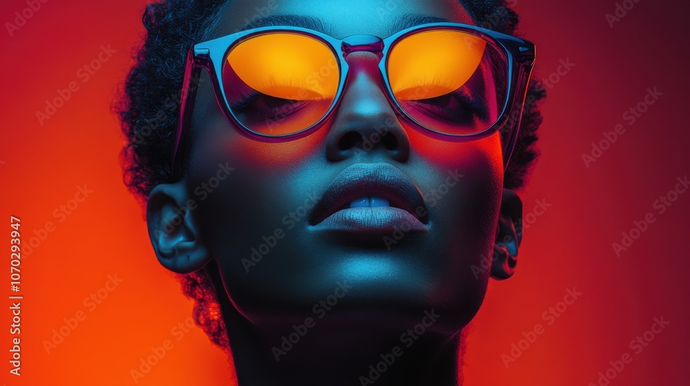 Woman wearing stylish sunglasses poses confidently against a vibrant orange and blue background showcasing modern and expressive fashion aesthetics Woman wearing stylish sunglasses poses confidently against a vibrant orange and blue background showcasing modern and expressive fashion aesthetics