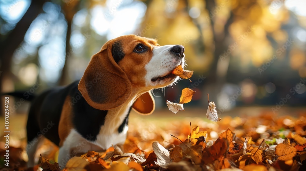 Beagle Enjoying Autumn Outdoors with Leaves