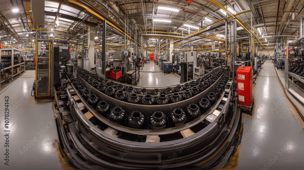 Obraz premium Wide-angle panorama showing an advanced bottle manufacturing line. The top area is filled with machinery working continuously