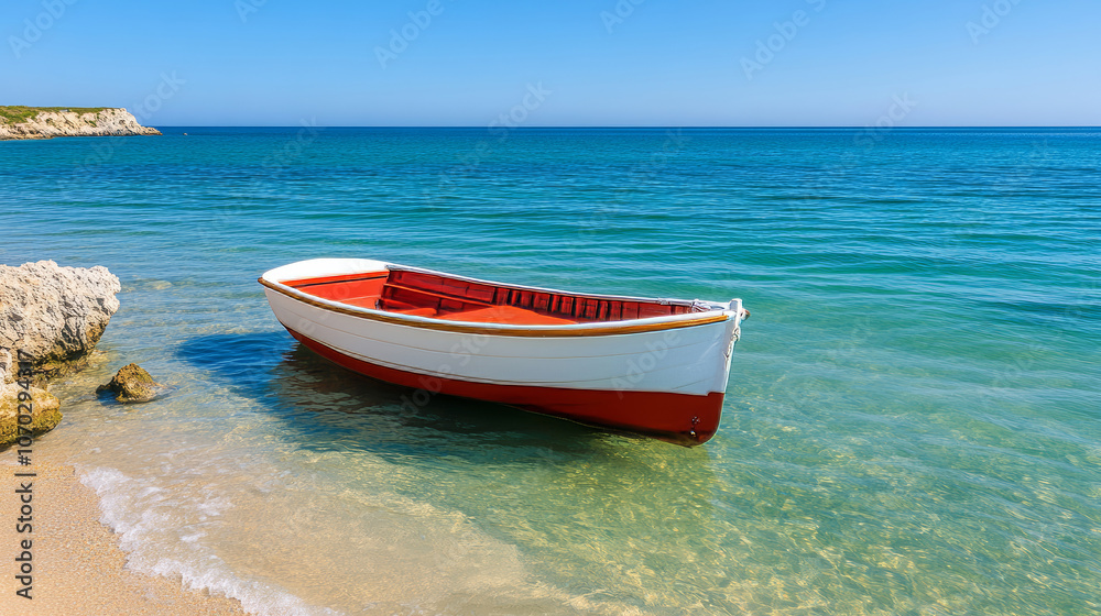 Lonely boat resting on serene sandy beach, vibrant blue sea in background under clear sky, peaceful solitude concept Lonely boat resting on serene sandy beach, vibrant blue sea in background under clear sky, peaceful solitude concept