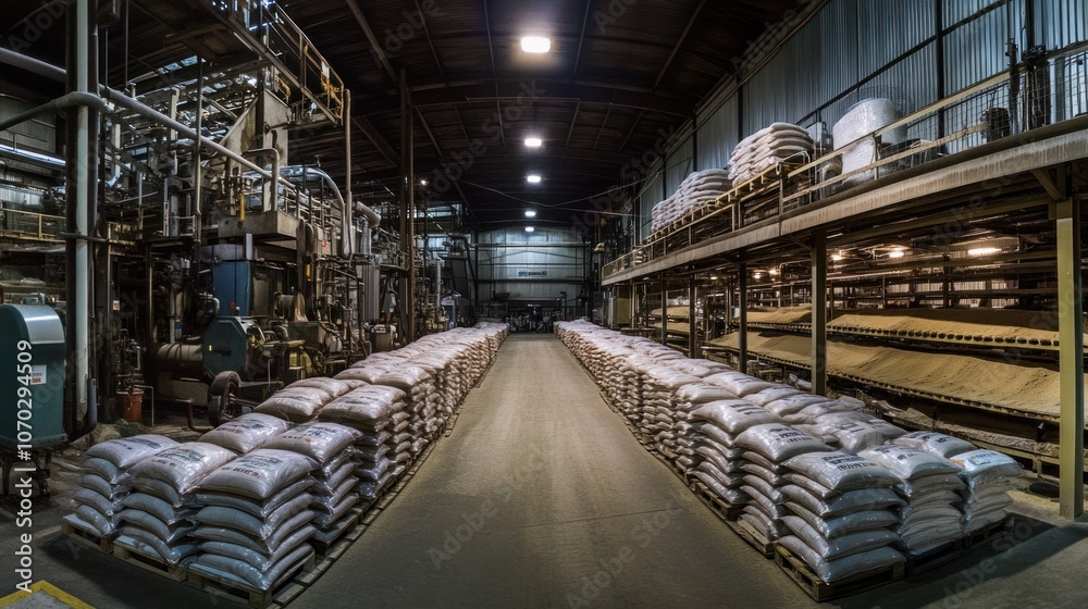 Fototapeta premium Wide-angle panoramic view of a chicken feed factory, where machinery at the top section mixes ingredients. In the center, rows of sealed feed bags are neatly stacked