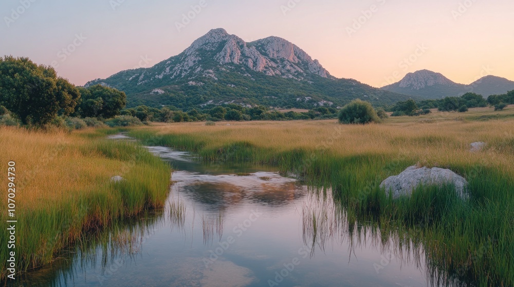 A serene river flows through a lush meadow with a majestic mountain range in the background. A serene river flows through a lush meadow with a majestic mountain range in the background.