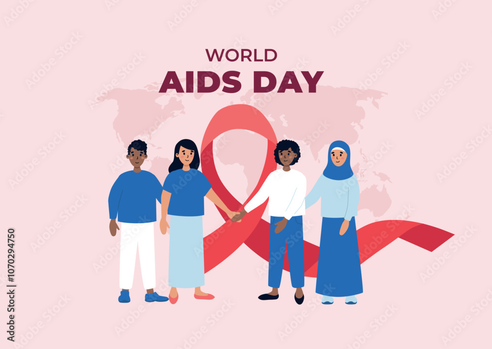 Group of people of different genders and nationalities supporting each other. World AIDS day banner. Vector illustration in flat style.