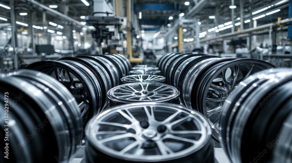Wide-angle view of an alloy wheel factory, where large, automated machinery fills the top of the frame, and the center is occupied by rows of matte and glossy alloy wheels Wide-angle view of an alloy wheel factory, where large, automated machinery fills the top of the frame, and the center is occupied by rows of matte and glossy alloy wheels
