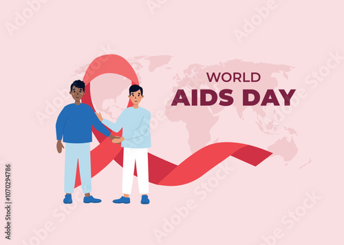 Males of different nationalities supporting each other. Gay couple holding hands. World AIDS day banner. Vector illustration in flat style.