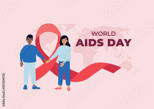 Couple of different nationalities supporting each other. Male and female holding hands. World AIDS day banner. Vector illustration in flat style.