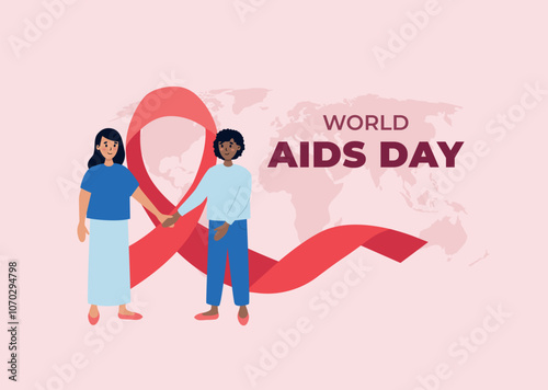 Females of different nationalities supporting each other. Gay couple holding hands. World AIDS day banner. Vector illustration in flat style.