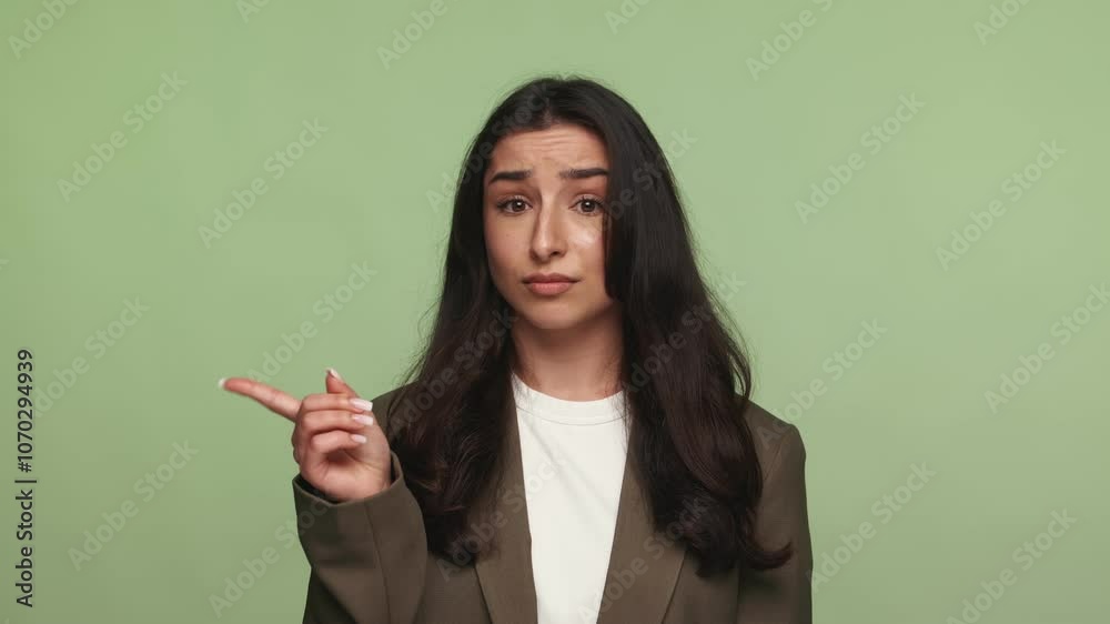 Puzzled young female in casual clothing pointing to the side, expressing confusion and uncertainty. Neutral green background. Puzzled young female in casual clothing pointing to the side, expressing confusion and uncertainty. Neutral green background.