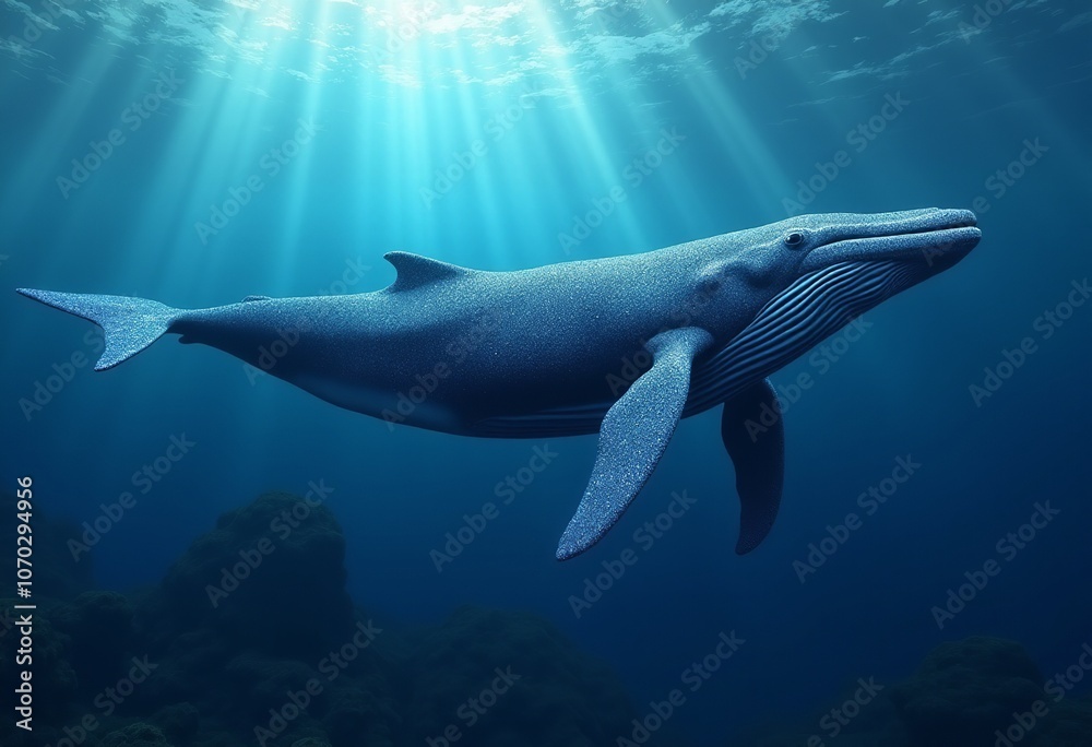 Obraz premium Whale of Wonders: A Stunning Side-Facing Whale Adorned with Sapphires Swimming Gracefully Through the Ocean Depths, Illuminated by Sunlight and Surrounded by Marine Life