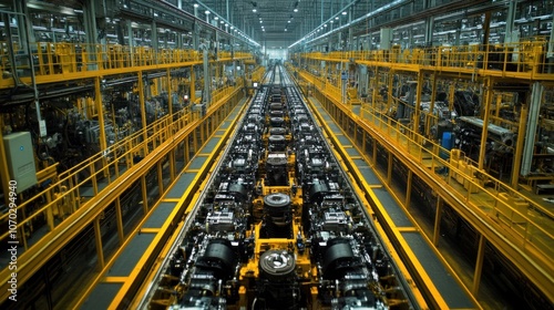 Wide-angle view of an automotive engine manufacturing facility, where heavy-duty machinery at the top section assembles engine components