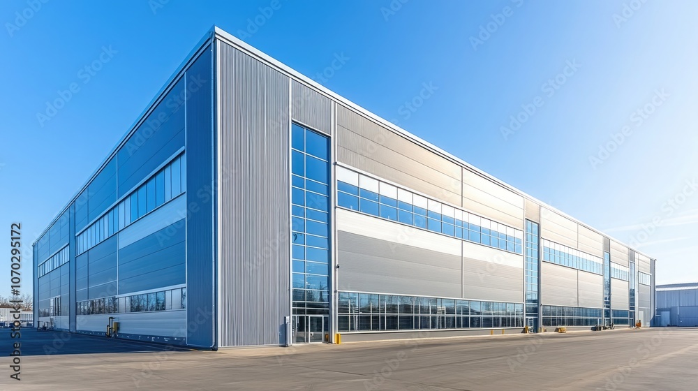 Large Modern Industrial Warehouse Facility with Minimalist Design: High-Tech Building for Storage, Logistics, and Manufacturing with Spacious Layout and Metallic Finish in an Open Industrial Setting Large Modern Industrial Warehouse Facility with Minimalist Design: High-Tech Building for Storage, Logistics, and Manufacturing with Spacious Layout and Metallic Finish in an Open Industrial Setting
