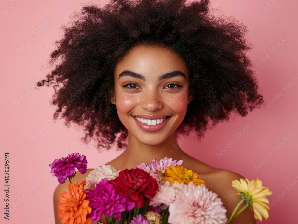 Fototapeta premium A woman holding a bouquet of flowers, smiling brightly against a pastel pink backdrop.