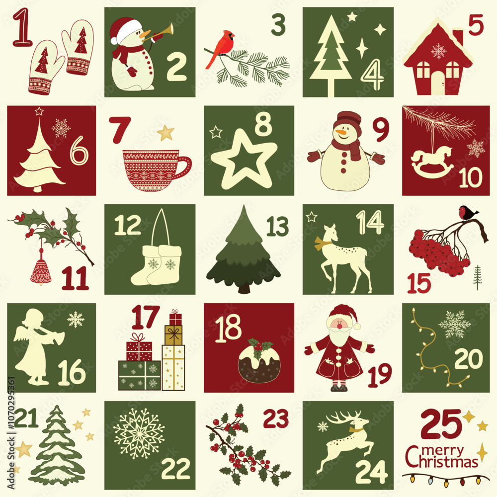 Christmas advent calendar with Christmas symbols. Winter holidays poster