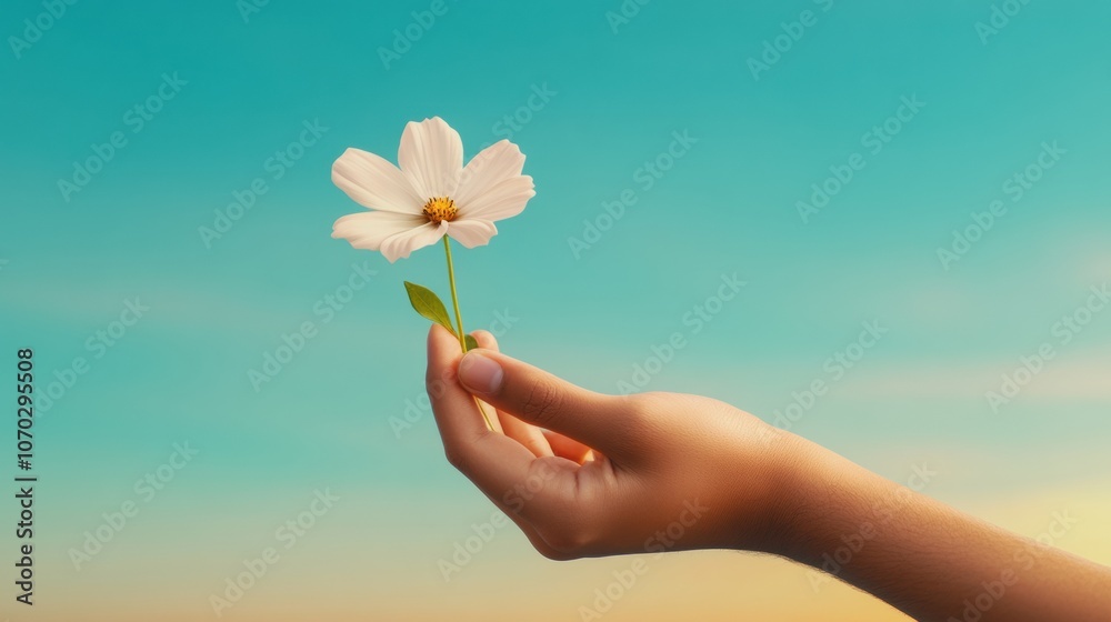 A hand gently holds a delicate white flower against a serene sky, AI A hand gently holds a delicate white flower against a serene sky, AI