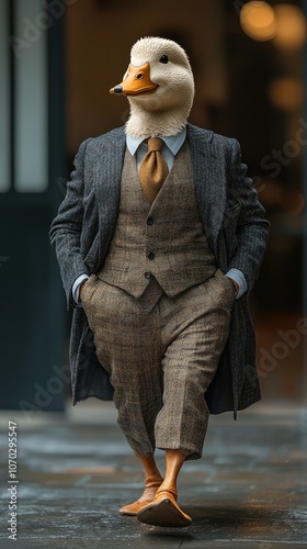 Dapper Duck in Stylish Suit Walking Confidently on City Street with Hands in Pockets