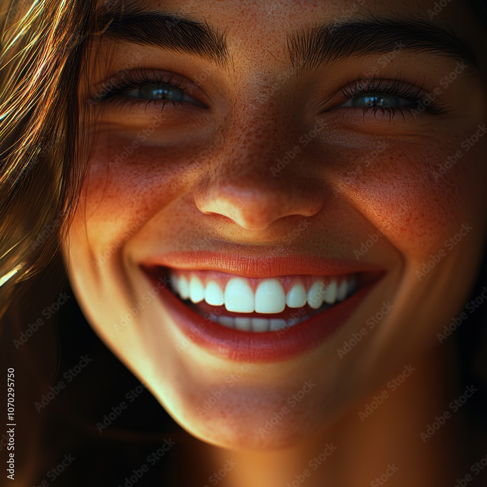 Bright smile of a young woman with radiant skin and sparkling eyes during late afternoon in a natural outdoor setting Bright smile of a young woman with radiant skin and sparkling eyes during late afternoon in a natural outdoor setting