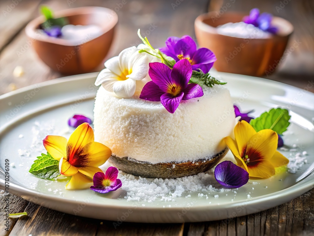 Sugar-Free Coconut Dessert, Floral Plate, Healthy Food, AI Photography Sugar-Free Coconut Dessert, Floral Plate, Healthy Food, AI Photography