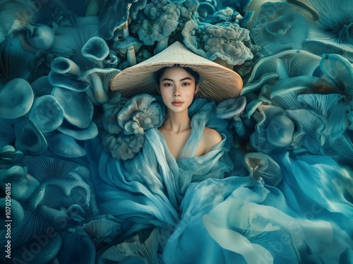 Beautiful Asian woman wearing a Vietnamese hat in shape of a mushroom, surrounded by blue corals, mushrooms and lichen. Natural beauty fantastic background photo