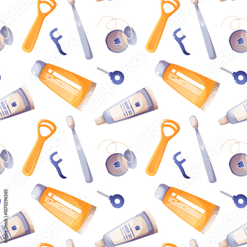 Seamless pattern of dental care set, oral hygiene products. Toothpaste, manual toothbrush, dental floss, interdental brushes, tongue depressor. Dental care, teeth cleaning. Repeating vector pattern.