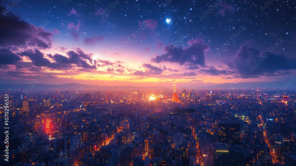 Obraz premium Tokyo Skyline at Night with Stars