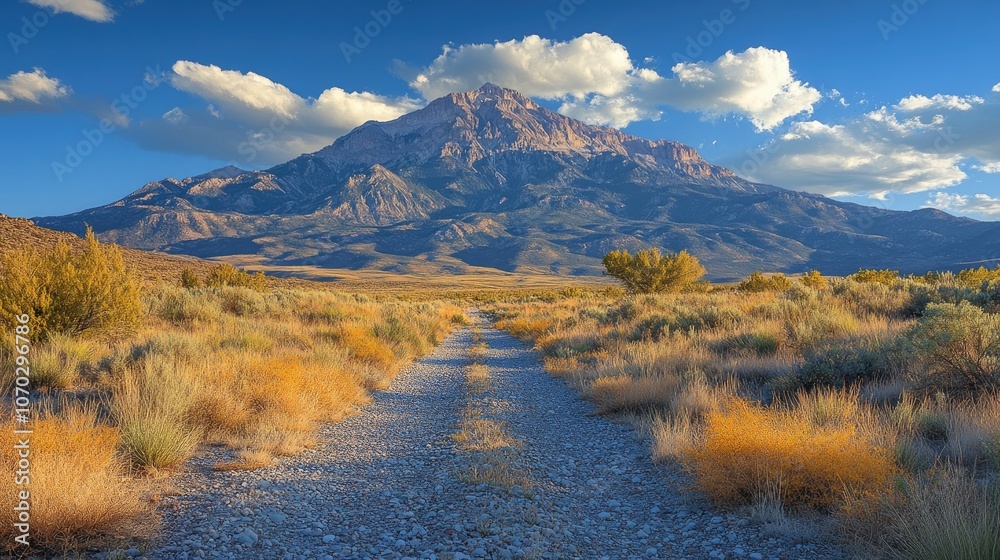 This captivating image features a grand mountain range rising dramatically from an arid desert landscape, bathed in warm sunlight under a vast, cloud-dotted blue sky. This captivating image features a grand mountain range rising dramatically from an arid desert landscape, bathed in warm sunlight under a vast, cloud-dotted blue sky.