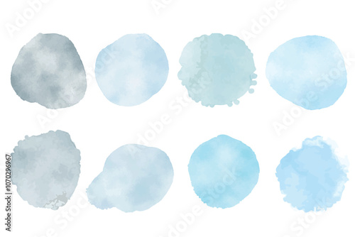 Set of blue watercolor hand painted round shapes, stains, circles, blobs isolated on white. Elements for artistic design