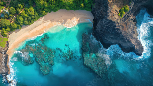 Aerial view of the stunning West coast of Oahu with Papaoneone beach in Hawaii photo