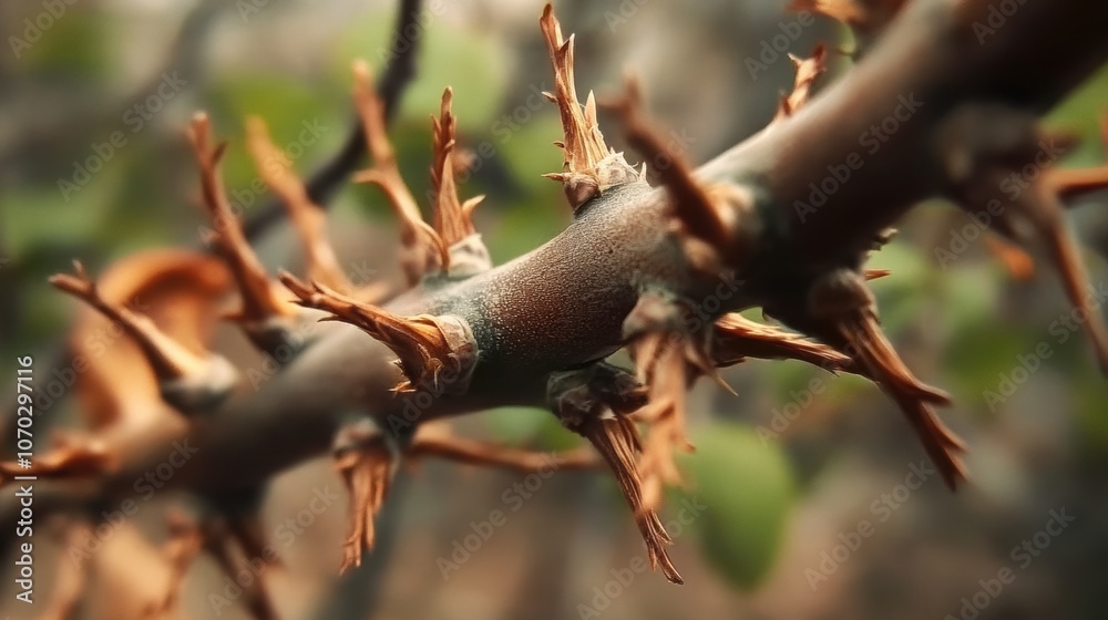 Intricate details of a thorny branch captured in a natural setting during the golden hour of late afternoon Intricate details of a thorny branch captured in a natural setting during the golden hour of late afternoon