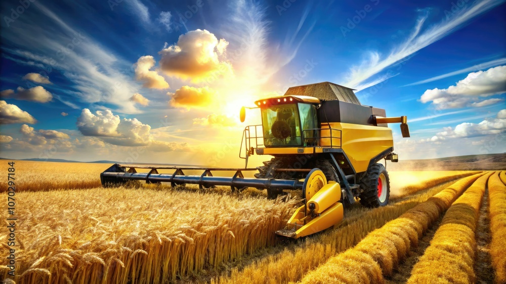 Obraz premium Large Yellow Combine Harvester in Golden Wheat Field During Harvest Season Under Clear Blue Sky - Agriculture Machinery, Farming Equipment, Rural Landscape, Harvesting Process