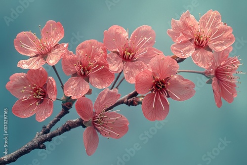 A close-up photograph of a blooming cherry blossom branch. photo