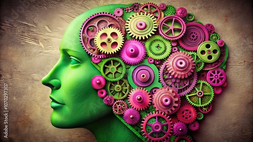 The human mind, a vibrant machine of pink and green gears, cognitively connected. photo