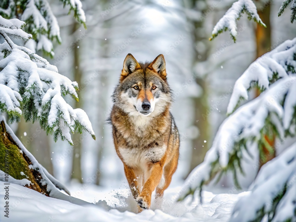 Obraz premium Through the frosted trees, a Eurasian wolf's phantom form races across the snow.