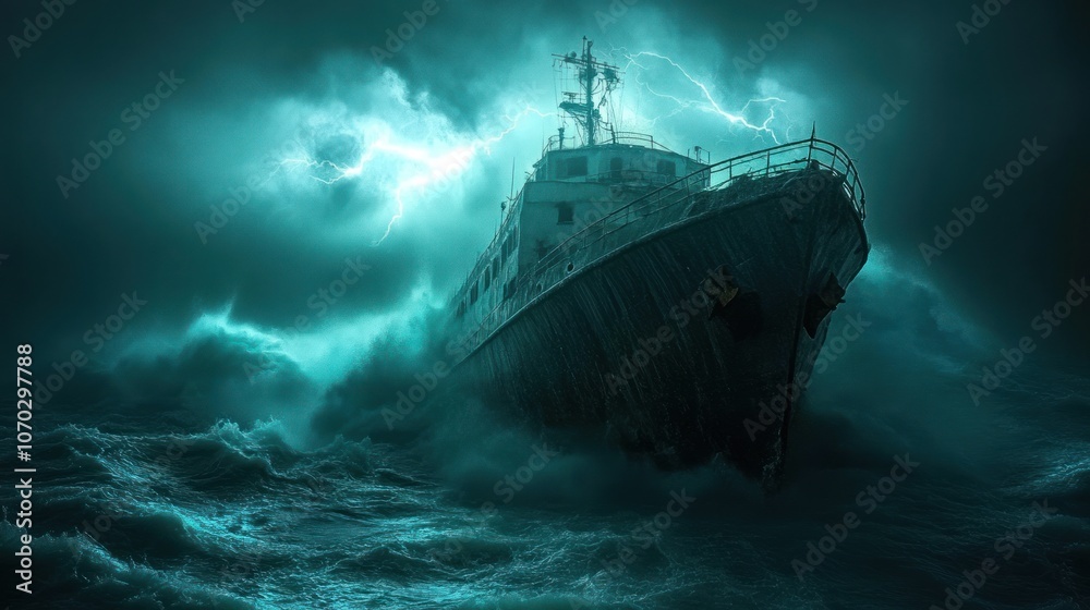 Fototapeta premium A ship battles a raging storm with lightning striking in the distance.