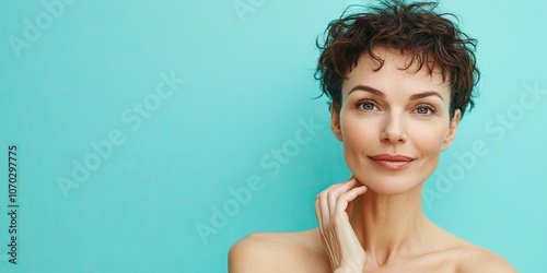 Beauty procedure concept. Portrait of a mature model with bare shoulders, holding an anti-aging organic serum and standing alone against a turquoise background with copyspace. photo