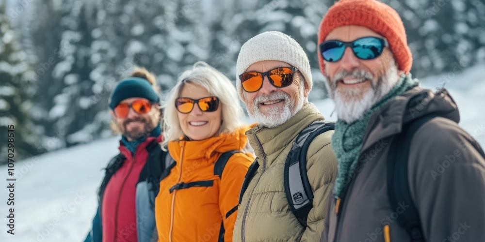 Group of middle-aged couples on a skiing vacation in the mountains. Group of middle-aged couples on a skiing vacation in the mountains.