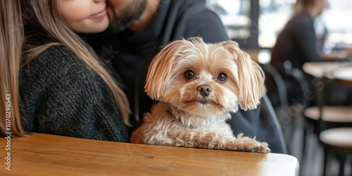 Portrait of a small lapdog on a table during its first visit to a dog cafe, where the owner kisses the dog. photo