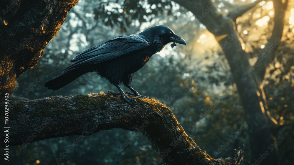 Obraz premium A black crow is perched on a tree branch in a forest