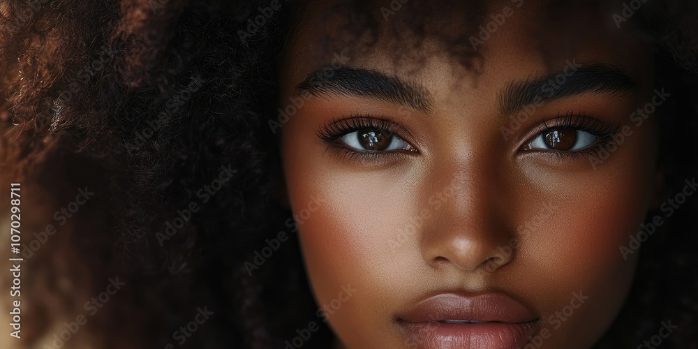 Close-up fashion featuring a beautiful Black model. An Afro-American girl with curly hair and dark eyes. Close-up fashion featuring a beautiful Black model. An Afro-American girl with curly hair and dark eyes.