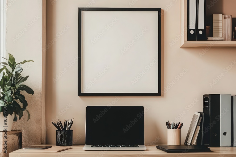 A black square frame hang on a light wall in a contemporary office setting. The workspace features a laptop, stationery holders, and shelves with books, creating a serene atmosphere. A black square frame hang on a light wall in a contemporary office setting. The workspace features a laptop, stationery holders, and shelves with books, creating a serene atmosphere.