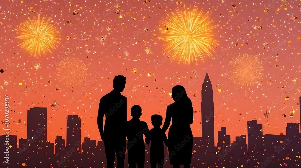 Fototapeta premium Family Silhouette Fireworks Cityscape