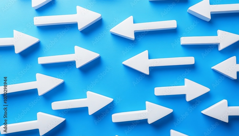 White Arrows Pointing in Different Directions on a Blue Background, Concept of Choice. White Arrows Pointing in Different Directions on a Blue Background, Concept of Choice.