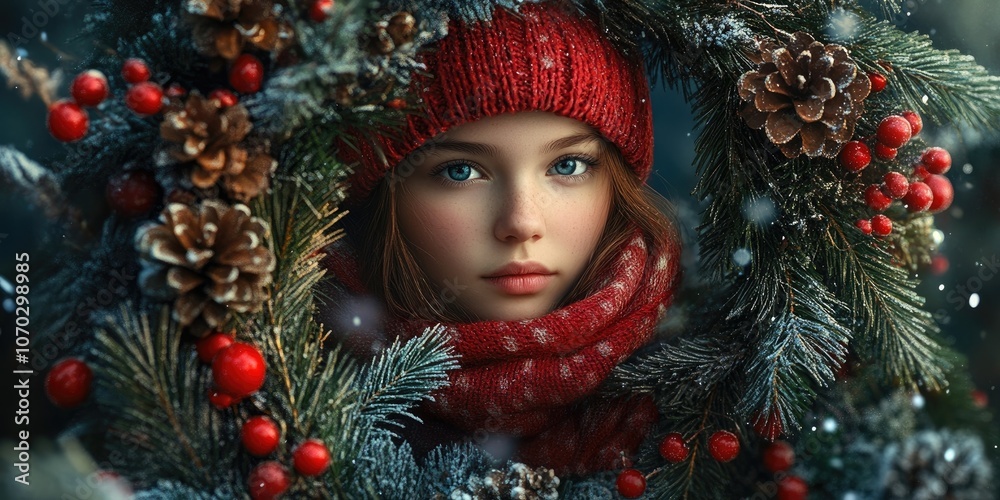 A girl looking out from a crafted Christmas wreath.