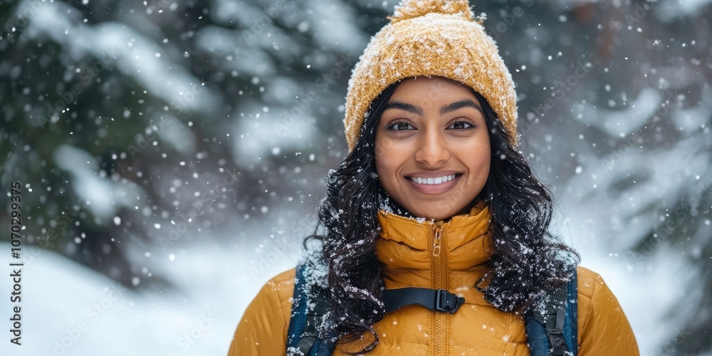 Indian woman dressed in winter hiking attire in a snowy setting, with copyspace available on the right. Indian woman dressed in winter hiking attire in a snowy setting, with copyspace available on the right.
