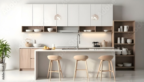 A modern, minimalist kitchen with white cabinets, wooden accents, and a marble countertop. The kitchen features open shelving, a sink, and two wooden stools at the counter