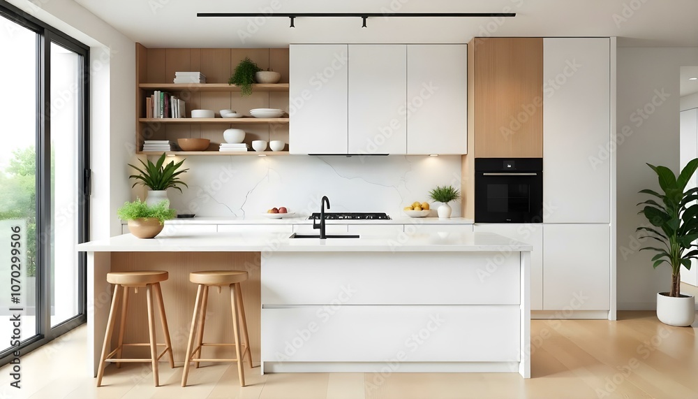 Fototapeta premium A modern, minimalist kitchen with white cabinets, wooden accents, and a marble countertop. The kitchen features open shelving, a sink, and two wooden stools at the counter