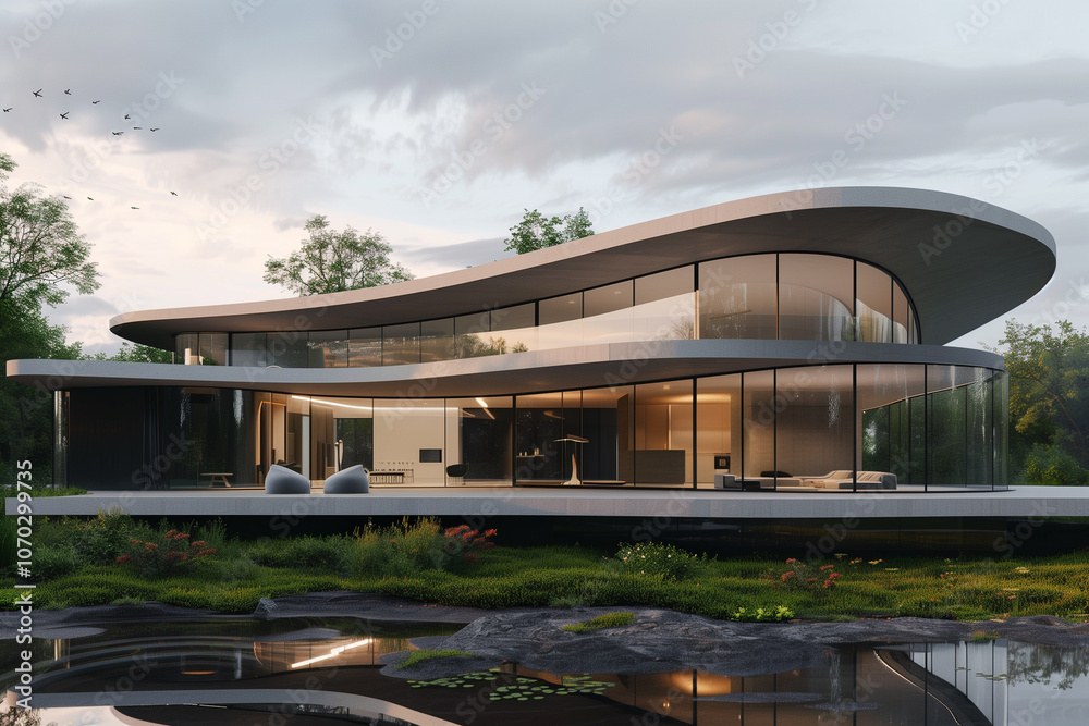 A sleek, futuristic house with curved glass walls and a floating cantilevered roof, set against a minimalistic landscape. A sleek, futuristic house with curved glass walls and a floating cantilevered roof, set against a minimalistic landscape.