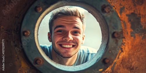 A young man smiling joyfully with a funny expression, joking and peering through a peephole, spying on secrets related to a construction theme. photo